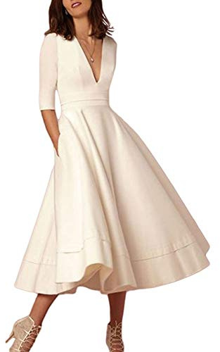 ORANDESIGNE Femme Robe de Cocktail Vintage Business Manches 3/4 Robe Col V Swing Soirée A-Line Robe Midi Élégant (Blanc, 40)