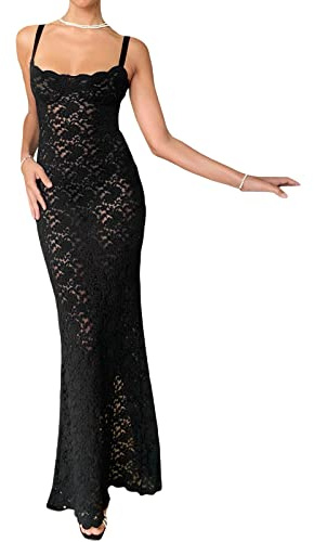 FeMereina Robe longue en dentelle florale pour femmes, sans manches, en maille, transparente, fendue à l'ourlet, pour cocktail et soirée, avec bretelles en dentelle, robe en maille en dentelle, Noir