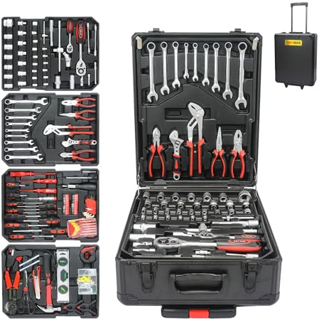 Trolley Case Hand Tool Set, Hand Tool Box with 4 Layers of Toolset and Wheels, Household Tool Kit Plastic Toolbox Storage Case for House Repair,Black