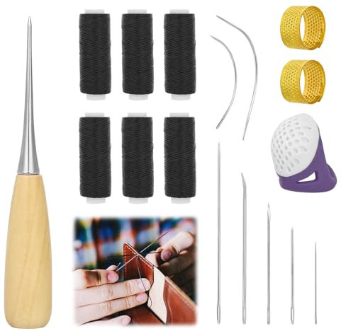 17 Stück Leder Nähset, Leder Werkzeug Set, Enthält Leder Faden 180 M, Nähahle, 7 Ledernadeln, Silikon-Fingerlinge Und 2 Nadelpresse, Für Lederhandwerk, Heimwerken Und Die Reparatur Von Lederwaren