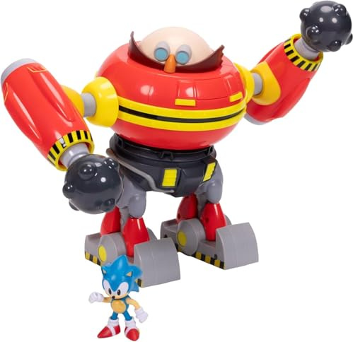 Sonic The Hedgehog Giant Eggman Robot Battle Set Officially Licensed by Jakks Pacific, 9 / 22.9 cm Tall Play Set, Cannon Shooting Egg Man Robot with Sonic Figure Included, For Boys