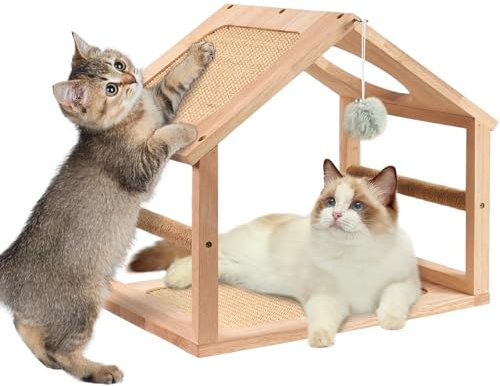 LitaiL Maison pour chat en bois avec griffoir en sisal, 41 cm de long, en forme de maison, griffoir chat pour protection de canapé, griffoir en bois massif pour chat