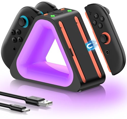 HELLCOOL Ladegerät für Nintendo Switch 2 Joy-Con, Magnetische Ladestation für 4 Controller, RGB Beleuchtung mit 8 Modi, Ladeanzeige, Schnellladung in 3 Stunden, USB-C, Triangular Design