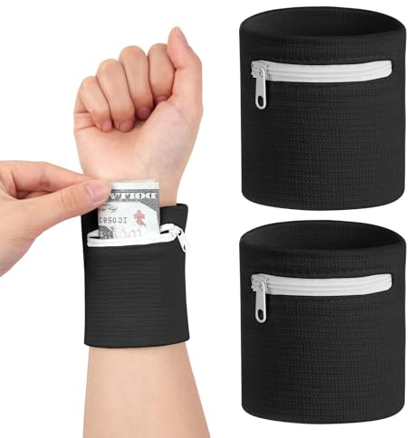 HAGOT 2 Pcs Muñequeras Deportivas con Bolsillo, Muñequera Cartera con Cremallera, Accesorios de Entrenamiento para Monedas, Llaves, Billetera - Negro