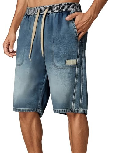 Short en jean pour homme Bermuda léger avec cordon de serrage Jambe droite Short en denim Taille élastique Short d'été Short en denim Hip Hop Short en jean en tissu éponge, bleu, XL
