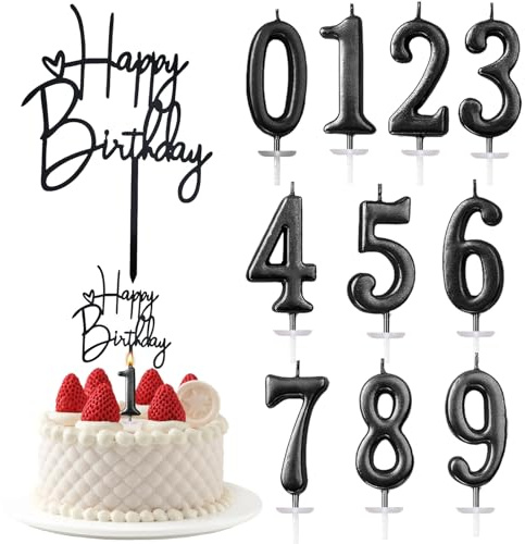 10pcs Candele di Compleanno,Numero Da 0 A 9 + Decorazione di Buon Compleanno, 3D Numero Candele con Numeri, Decorazione Per Cake Topper Per Festa Di Compleanno (Nero)