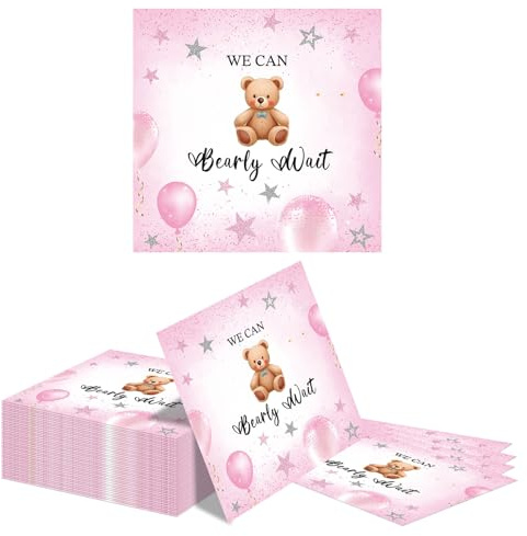 Kotkiddy 40 Servilletas Rosa Teddy Bär 33x33cm Servilletas de Papel para Baby Shower con Motivo de Oso para Cumpleaños de Niña Fiesta de Revelación de Género Decoración d