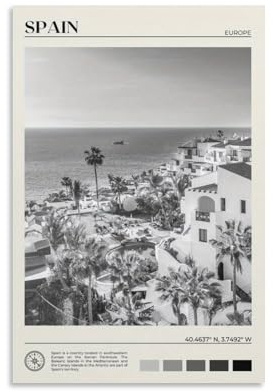 Schwarz-Weiß-Spanien-Wandkunst, Gemälde, Leinwanddrucke, Poster, Kunstwerk für Wohnzimmer, Schlafzimmer, Badezimmer, Büro, Heimdekoration, 40 x 60 cm