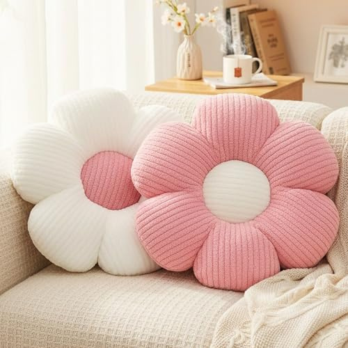 HonorHut 2 cojines de flores suaves cojines de suelo para sofá, salón, dormitorio, decoración de habitación de niñas, blanco y rosa
