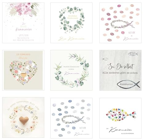 Edition Seidel Juego de 9 tarjetas cuadradas premium para comunión con sobres. Tarjetas de felicitación de comunión, tarjetas dobles, tarjetas plegables, juego de tarjetas con texto en alemán SW026
