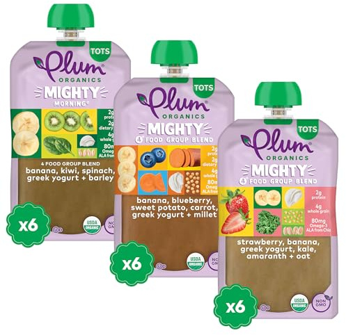 Plum Organics Variety Pack, 12+ Months – Toddler’s Taste Adventure & Sunrise Pack – Mighty 4 & Mighty Morning Organic Fruit & Veggie Pouches – 4 oz Pouch, Pack of 18 (Amazon Exclusive)