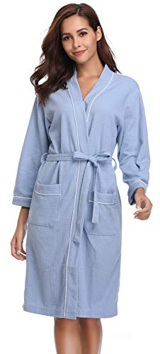 Vlazom Waffle Dressing Gowns Unisex Kimono Robe Cotton Lightweight Bathrobe for All Seasons Spa Hotel Sleepwear, Blue-style a, L