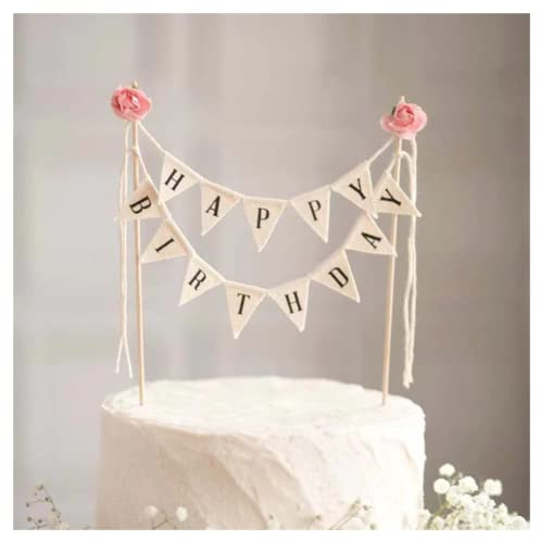 Happy Birthday Cake Bunting Topper Cake Topper Garland, Handmade Pennant Flags with Wood Pole Ivory (With Pink Rose)