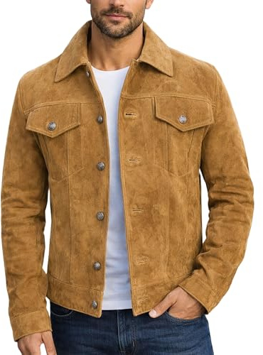 Fashion_First Veste de motard en daim marron pour homme style cowboy western en daim véritable de chèvre