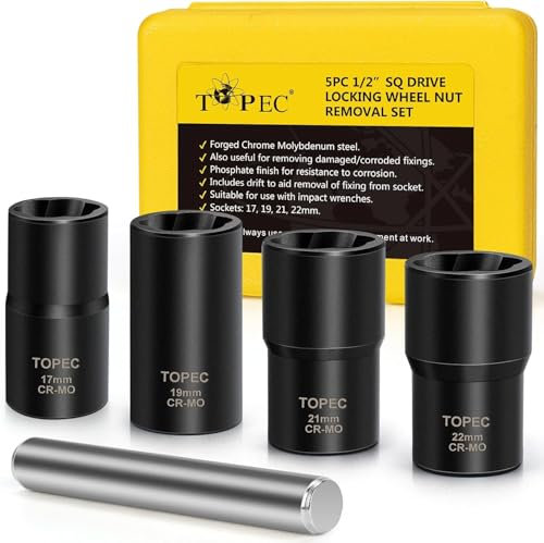 5PCS Lug Nut Extractor Set, 1/2-Inch Drive Wheel Lock Removal Kit, 17-22mm Stripped Lug Nut Remover, Easy Out Lug Nut Removal Tool, Twist Socket for Broken, Damaged, Rounded Bolts & Tire Nuts