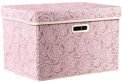 Prandom Storage Boxes with Lids Large.Rose Pattern Fabric Decorative Storage Box, Really Useful Box,Clothing Storage,Cubes Organizers,Collapsible,Stackable,45x30x30cm, Pink[1-Pack]