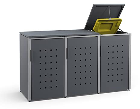 MEISTERBOX – 3er Mülltonnenbox Mülltonnenverkleidung mit Klappdach - 120L - Korpus & Dach Anthrazit/Pfosten Signalgrau