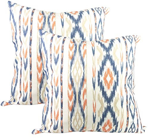 TRESMESTRES Fundas de Cojines para Sofá de Jardín, Terraza y Salón y Fundas de Cojines para Cama Decorativos - Ikat Mediterráneo - Cubierta de Cojín 40x40 cm - Set de 2, Naranja/Azul
