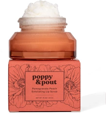 Poppy & Pout Natural Lip Scrub, Moisturizing Sugar Scrub for Dry Lips, Lip Scrubber Exfoliator with Essential Oils Smooths and Hydrates Lips, In Recyclable Glass Jars, Cruelty Free - Pomegranate Peach