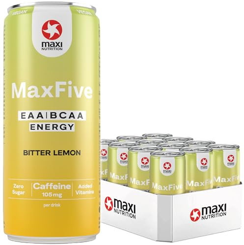 MaxiNutrition MaxFive veganer 5g EAA / 3g BCAA-Drink (2:1:1) Bitter Lemon, 12 x 330 ml Einwegdose - Vegan Refreshment mit Aminos aus Mais & Zuckerrohr, ohne Zuckerzusatz, 105 mg Koffein, 30 kcal