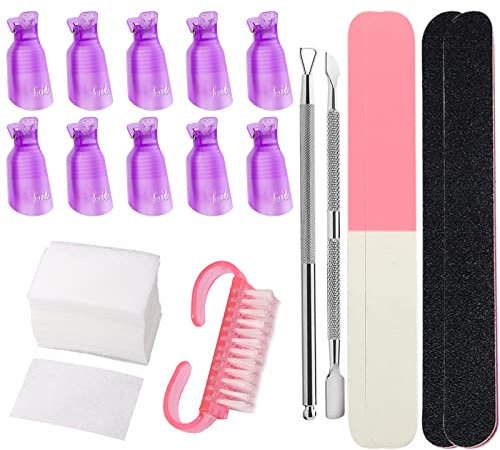 Gel Nail Polish Remover Tools Kit, VEGCOO 10 Pcs Nail Polish Remover Clips, 4 Nail Files, 200 Pcs Nail Wipe Cotton Pads, 2 Cuticle Pusher & a Nail Brush for Gel Manicure Nail Polish Removing (Purple)
