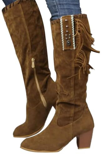 Onsoyours Botas hasta la Rodilla Holgadas para Mujer Punta Puntiaguda con Cremallera Lateral Botas de Tacón Medio GruesoBotas con Flecos Retro Botas Gruesas de Tacón Alto