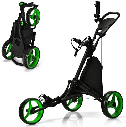 GYMAX 3-Rad Golfwagen, Faltbarer Golftrolley mit Verstellbarem Griff & Schirmhalter & Oberer Taschenhalterung, Golf Push Cart mit Getränkehalter & Anzeigetafel (Grün)