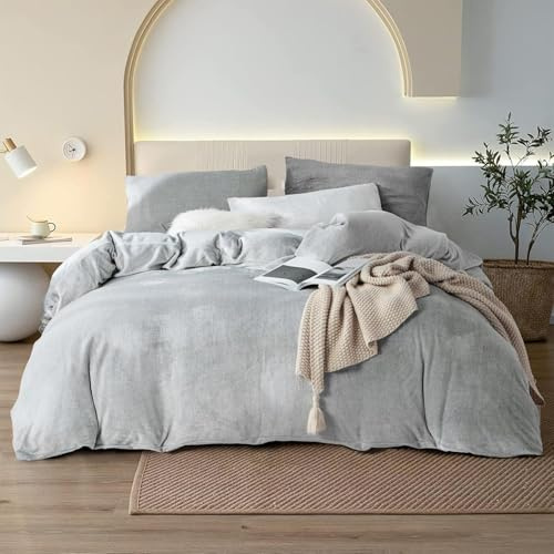 YASMENG Biancheria da letto invernale calda, 135 x 200 cm, grigio chiaro, soffice e morbida, di alta qualità, con chiusura lampo e 1 federa 80 x 80 cm
