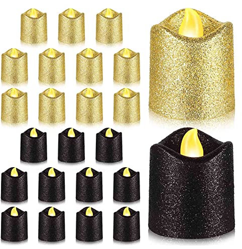 Tassety Lot de 24 bougies votives dorées à paillettes noires à LED - Fonctionne avec piles - Jaune chaud