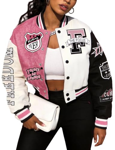 Flygo Bomber Jacket Baseball College Varsity Jacket Vintage Sweatshirt Casual Unisex Streetwear Coats(Pink-M)