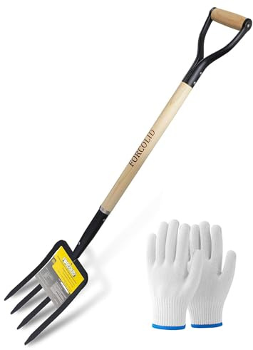 FORCOLID Garden Fork, 4-Tine Spading Digging Fork, Pitch Fork-45Inch, Forged Steel Y-Grip, Wood Handel-Red