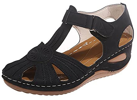 Zeiayuas Sandales été Femmes fermées Faux Cuir orthopédique Femmes Chaussures Confortable Antidérapantes Sandales Rétro Elegante Sandales Confortable Chaussures de loisirs avec boucle Pas Cher