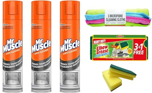 Mr Muscle Oven Cleaner Spray 300ml Each (Pack of 3) - Oven BBQ Cleaner Degreaser - Removes Tough Grease - No Scrubbing Required with 3 pcs Microfibre Cleaning Cloth and Degreaser Sponge 3+1