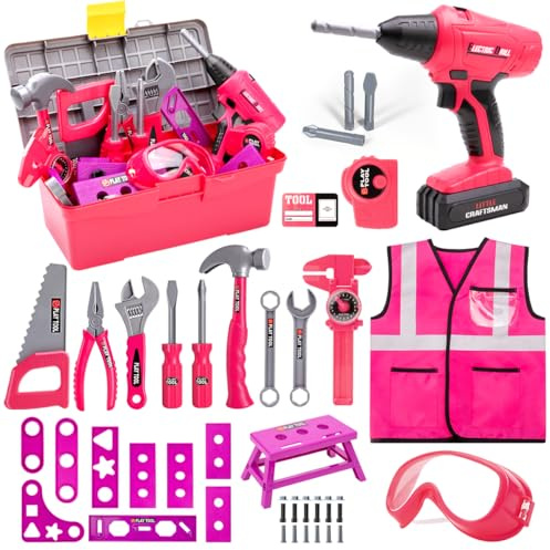 LOYO Kids Tool Set with Electric Drill, 50 PCs Construction Toys for 3 4 5 Year Old Boys Girls, Complete Building Kit with Vest, Tool Box, Educational Role-Play Gift