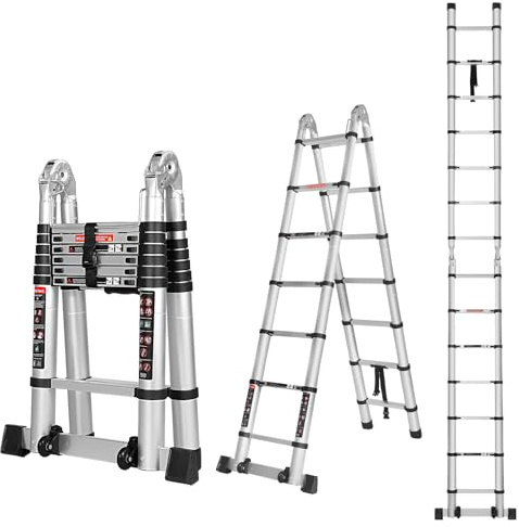 Wolec 14.5FT A Frame Telescoping Ladder, Extension Multi-Purpose w/Balance Bar & Wheels, Ladder A Frame, Heavy Duty 330 lbs Max Capacity, Ideal for Home and Outdoor Work, Silver