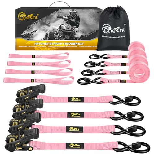 4Pcs Ratchet Tie Down Straps Kit for 2400lb Break Strength | 1” x 16FT Tie Down Straps with Soft Loop Tie-Downs & Safety S Hook - Cargo Strap Tie Down for Trucks, Motorcycle, Moving, Appliances - Pink