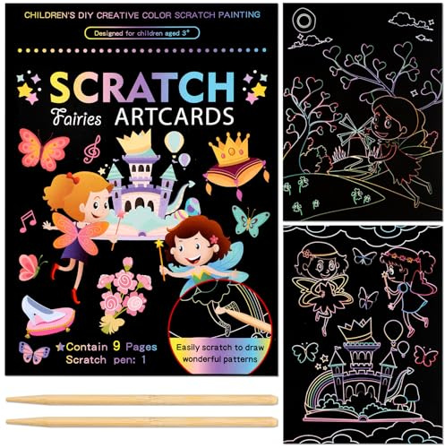 SRIZIAN Dessin Gratter pour Enfants, Bloc-Notes Noir avec Stylet en Bois, Carte a GratterEnfant Papier à Gratter Magique Ensemble d’Art Cadeaux pour Filles Garço