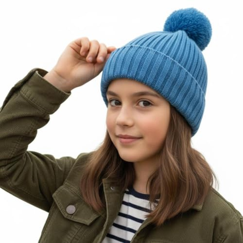 A2Z 4 Kids Girls Boys Hats Ribbed Knitted Bobble Pom Pom Beanie - Hat KH1025 Blue 7-10