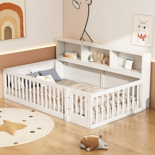 SOFTWEARY Kinderbett mit Lattenrost, Rausfallschutz, Regal und Zaun, Jugengbett, Stauraum, Holzbett, Kiefer (weiß, 90x200 cm)