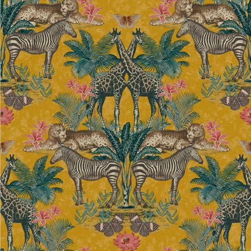 Mustard Yellow Animal Floral Vinyl Textured Matte Finish Wallpaper Slightly Imperfect | Zebras Leopards and Giraffes Paste The Wall, Tropical Plants and Flowers for any room (Full Roll)