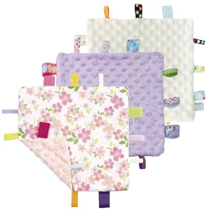 CREVENT Tag Security Blankets for Babies, Soft Small Loveys for Girls, Baby Comforter Sensory Blanket, Great Gifts for Birthday Baby Shower 24X24cm (Wildflow+Purple+ Ivory)