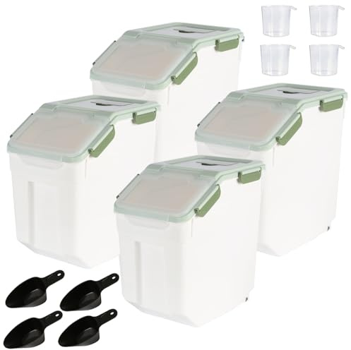 Uotyle 15L Flour Storage Containers, 4Pcs Airtight Rice Organizer Box with Wheels/Scoop/Measuring Cup, PP Cornflakes Dispenser Bin for Grain, Cereal, Nuts, Beans, Sugar, Pasta, Pet Food (Green)