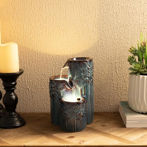 Glitzhome 10 H 3-Tier Turquoise Ceramic Tabletop Fountain with Pump and LED Light, Cascading Desktop Fountains for Home Office Bedroom Patio Decor, Decorative Indoor Water Fountains Waterfalls