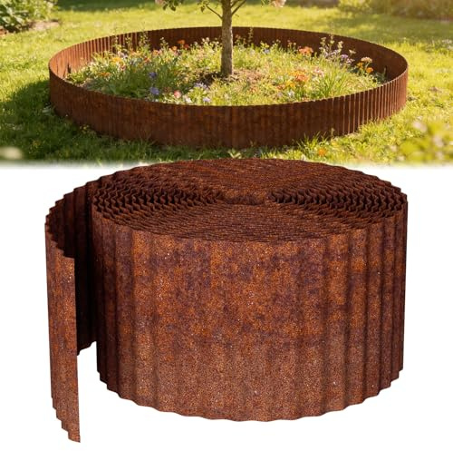 Mantigositeen gräskant metall rostoptik vågig 10 m × 15 cm × 0,3 mm – robust rabattkant med böjd kant, hållbar och korrosionsbeständig, ren begränsning mot överväxt