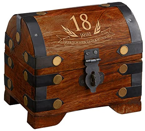 Casa Vivente Kleine Schatztruhe zum 18. Geburtstag, Schmuckkästchen mit Gravur, Aufbewahrungsbox aus dunklem Holz, Verpackung für Gutscheine, Geburtstagsgeschenk zur Volljährigkeit