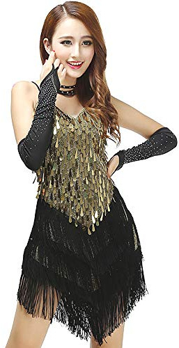 Grouptap Womens gold flapper gatsby sequin tassel ballroom dance sling skirt and latin salsa tango samba cha cha rumba dress (Gold Black, UK 6-12)
