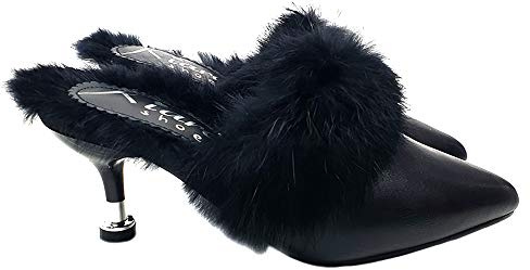 Kiara Shoes Black Sabot Comfortable with Fur - KC018 Nero (5 US, Black)