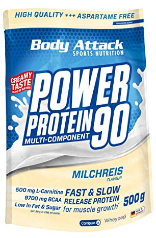 Body Attack Power Protein 90, Rice Pudding, 500g, 5K proteine in polvere con proteine del siero di latte, L-carnitina e BCAA per la costruzione muscolare e il fitness.