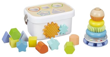 Amazon Basics Klassisches Spielzeug-Set aus Holz mit Formensortierspiel und Regenbogen-Stapelspiel, Mittel, 16 Stück, Mehrfarbig