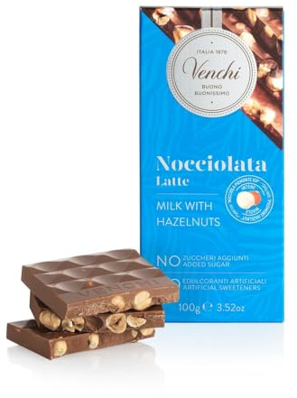 Venchi - NO Added Sugar Milk Hazelnut Bar, 100 g - NO Artificial Sweeteners - With Whole PGI Piedmont Hazelnut - Gluten Free